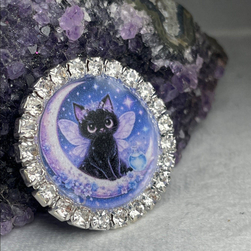 Feline Familiar Black Cat In Moon Artisan Crystal Bezel Magnet Or Broach -